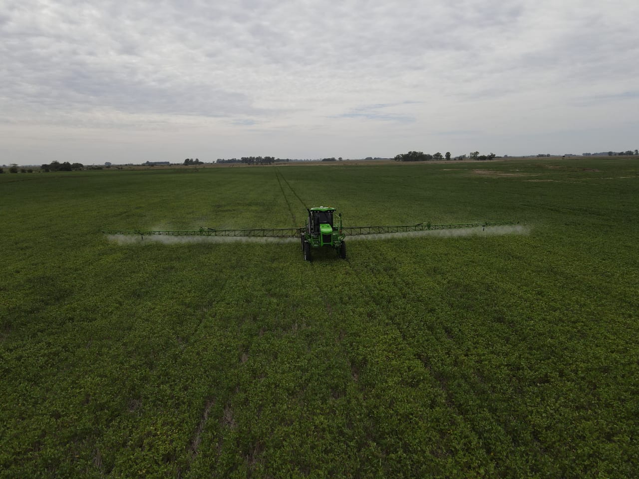 Pulverizadora verde trabajando un lote de cultivo en verde